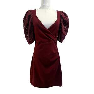 NWT Express Edition Burgundy Lace Puff Sleeve Mini Dress Medium Holiday Party